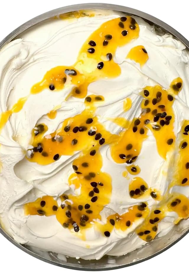 Cream gelato rippled with passion fruit pulp and seeds